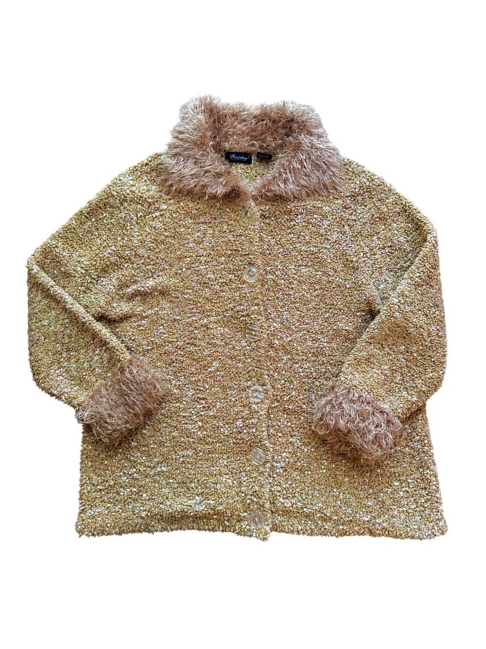 Vintage Yellow Faux Fur Trim Coat XL Y2K Textured Button Front Jacket Retro